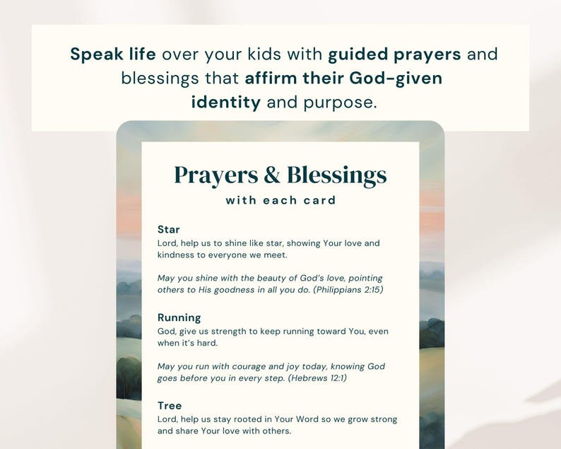 May include: A printable card set with a watercolor background featuring prayers and blessings for children. The text includes phrases like "Shine like a star" and "Run with courage".