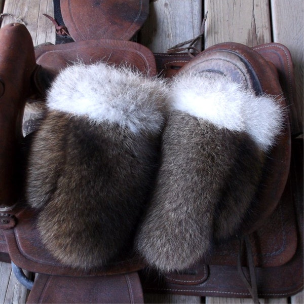 Raccoon fur mittens with coyote trim and red fleece liner handmade small