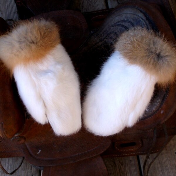 Rabbit fur mittens with red fox trim handmade medium  with red fleece liner