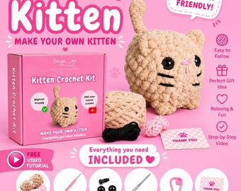 Beginner Crochet Kitten Amigurumi Kit, DIY Craft With Video Tutorial