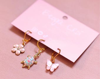 Gold Turtle Flower Butterfly Charm Hoop Earrings | Dainty Enamel Jewelry