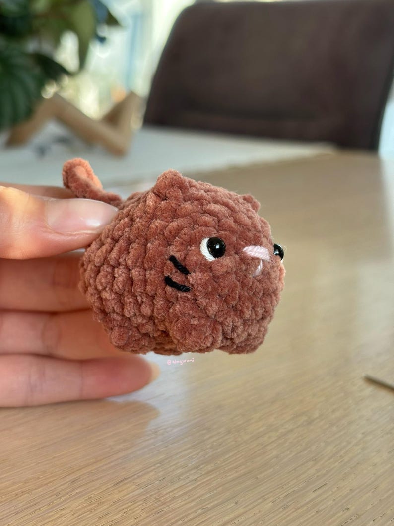 May include: A small, handmade brown crochet cat with black whiskers, white eyes, and a pink nose. The cat has a rounded body and a small tail. The plush toy is held in a hand.