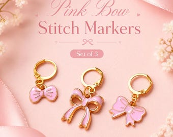 Pink Bow Charm Stitch Markers Set of 3, Gold Locking Crochet Marker, Cute Kawaii Knitting Notions, Crocheter Notions, Round Counter Tool