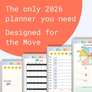 Könnte beinhalten: Eine Sammlung digitaler Planer für 2026, konzipiert für unterwegs. Die Planer verfügen über ein minimalistisches Design mit Kalenderlayouts, Aufgabenlisten und Bewertungsabschnitten. Der Text "The only 2026 planner you need. Designed for the Move."