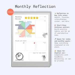May include: A printable monthly reflection worksheet with a colourful wheel chart, sections for reviewing the past month and setting goals for the next month, and space for notes. The worksheet includes the text "Monthly Reflection" and "Monthly Review".
