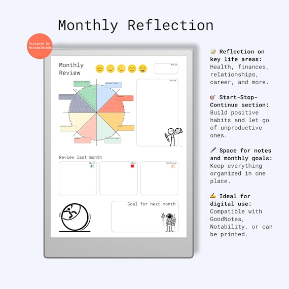 Monatliche Reflexionsvorlage - Minimalistischer PDF-Planer für Ziele und Selbstorganisation