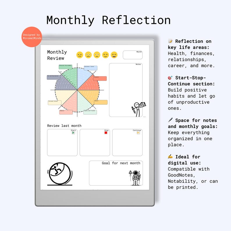 May include: A printable monthly reflection worksheet with a colourful wheel chart, sections for reviewing the past month and setting goals for the next month, and space for notes. The worksheet includes the text "Monthly Reflection" and "Monthly Review".