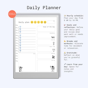 May include: A black and white daily planner with a simple design. The planner includes sections for daily goals, hourly schedule, breaks and workouts, gratitude, and learning from your day. The planner also includes a section for notes and insights.