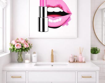 Lips and Sticks Digital Wall Art | Pink Lipstick Printable Art | Glam Makeup Illustration | Bathroom Vanity Decor | Instant Download