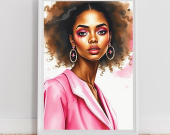 Arte mural digital Pink Muse / Ilustración de moda femenina imprimible / Retrato de mujer atrevida / Decoración rosa glamurosa / Descarga instantánea