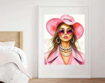 Pink Velvet Digital Wall Art | Glam Fashion Illustration | Modern Feminine Portrait | Chic Pink Decor | Instant Download