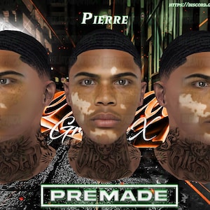 May include: Digital artwork featuring three identical male faces with dark skin, wave hairstyles, and vitiligo. The word "Pierre" is at the top, with "Graffix" in cursive below. The word "PREMADE" is in a green box at the bottom.