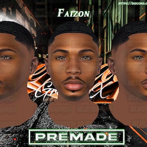 May include: Digital artwork featuring three male faces with dark skin, styled hair, and facial hair. The word "Faizon" is at the top, with "Premade" in a green box at the bottom. The background has orange and black abstract designs.