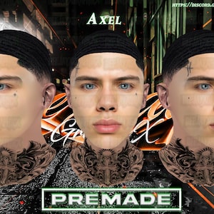 以下が含まれることがあります： 青い目、タトゥー、黒いウェーブヘアスタイルを持つ3つの同一の男性の顔が特徴のデジタルアートワーク。「Axel」という言葉が上にあり、「PREMADE」が下部の緑色のボックスにあります。背景はぼやけた都市景観です。