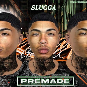 Könnte beinhalten: Digitales Kunstwerk mit drei identischen männlichen Gesichtern mit dunklem Haar und Bart. Das Wort "SLUGGA" steht oben, mit "PREMADE" in einem grünen Feld unten. Der Hintergrund hat orange und schwarze abstrakte Designs.