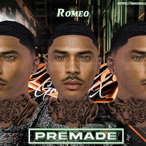 以下が含まれることがあります： デジタルアートワーク。黒髪と口ひげを持つ3つの同一の男性の顔が特徴です。「ROMEO」の文字が上にあり、「PREMADE」の文字が緑色のボックスで下にあります。背景はオレンジと黒の色合いの抽象的なデザインです。