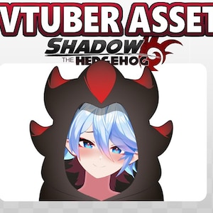 Könnte beinhalten: Eine digitale Illustration einer Figur mit blauen Haaren, die einen schwarzen und roten Kapuzenumhang trägt, mit dem Text "SHADOW THE HEDGEHOG" über der Figur.