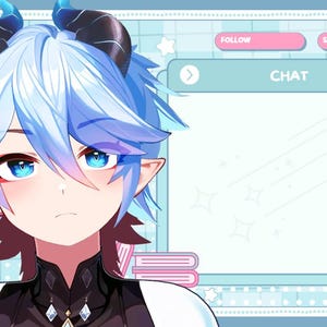 May include: Digital illustration of a blue-haired anime-style character with horns and pointed ears. The character has blue eyes and is set against a light blue background with a chat window and pink accents. The word "CHAT" is visible.