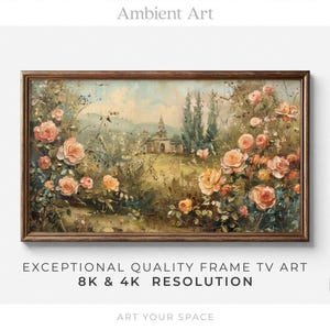 May include: A framed painting depicting a landscape with a small church in the distance. The foreground is filled with pink and white roses in bloom. The painting is set against a light blue sky with white clouds.