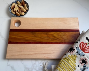 Handmade Maple, Padauk and Canarywood cutting board, cheese board, charcuterie board