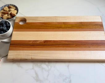 Handmade Maple, Cherry and Canary wood cheese board, charcuterie board, snack board
