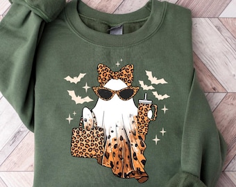 Ghost Sweatshirt, Leopard Ghost Tee, Ghost Coffee Shirt, Funny Fall Shirt, Ghost Tee, Girly Halloween Gift, Halloween crewneck