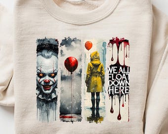 ホラーピエロスウェットシャツ：「We All Float Here」ハロウィンスウェット、ハロウィン映画スウェットシャツ、ハロウィンギフト、ハロウィンクルーネック