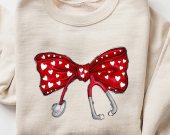 Nurse Valentine's Day Heart Bow Sweatshirt, Stethoscope Bow Shirt, Nurse Coquette Shirt, Gift for Nurse, Nurse Mom Sweatshirt, Gift for Her