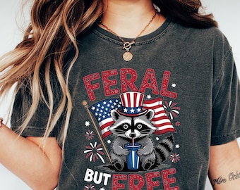T-shirt med vilda men fria tvättbjörnar, självständighetsdagen-tröja, patriotisk tvättbjörn, rolig topp med USA-flaggan, sommargåva