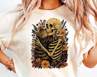 Skeleton Hugging Cat Floral Halloween Comfort Shirt, Cute Spooky Skeleton Cat Shirt, Cat Mom Gift, Halloween Gift, Halloween Floral Cat