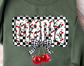 Koszulka z kokardą Cherry Bow Coquette Mama, Bluza Retro Mama, Koszulka z kokardą Mama, Koszulka z kokardą Cherry Bow Mama, Prezent na Dzień Matki, Dziewczęce koszulki ze wstążką na Dzień Matki
