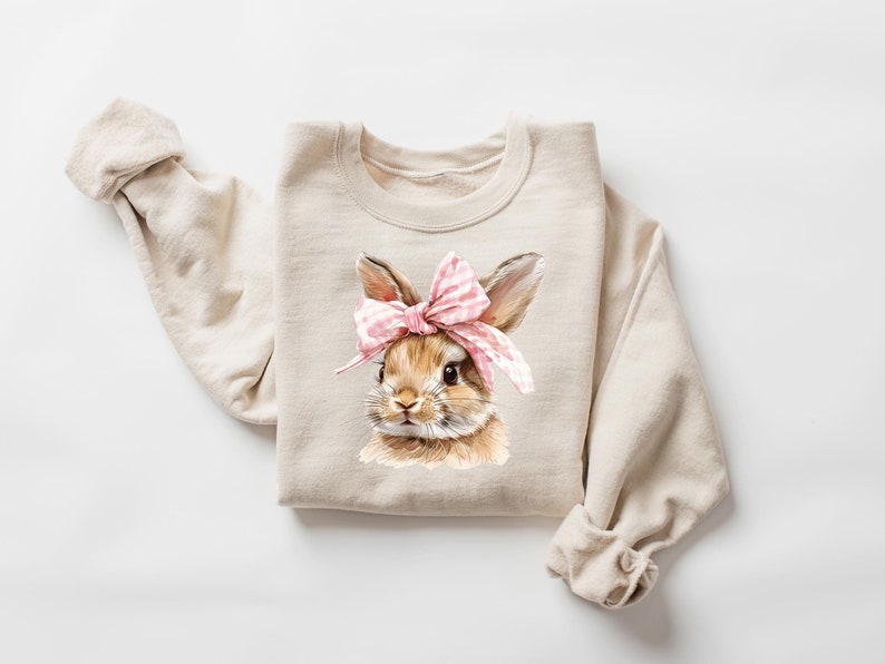 May include: A beige sweatshirt with a brown bunny wearing a pink and white checkered bow. The bunny is looking at the camera.