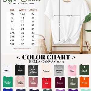May include: White t-shirt on a hanger with a size chart and color chart. The size chart shows measurements in inches for sizes XS to 5XL. The color chart displays various t-shirt colors, including white, black, and red.