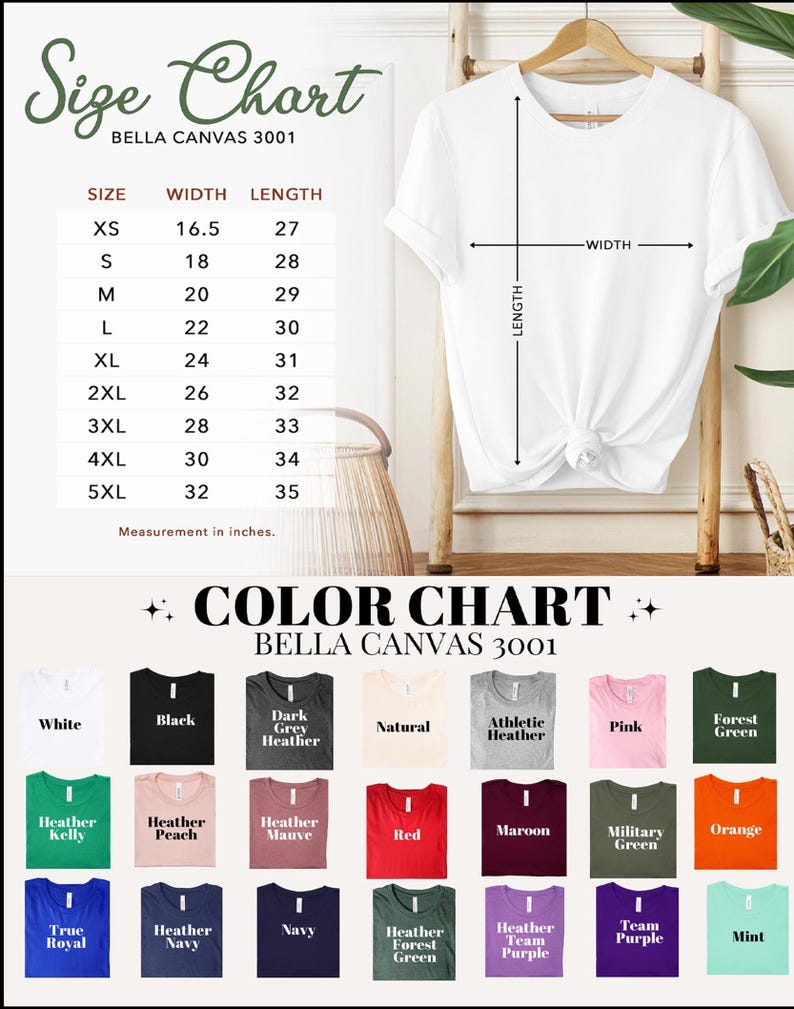May include: White t-shirt on a hanger with a size chart and color chart. The size chart shows measurements in inches for sizes XS to 5XL. The color chart displays various t-shirt colors, including white, black, and red.