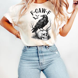 F-Caw-F rolig kråka-tröja, svart kråka månbelyst korp unisex-t-shirt, rolig fräck korpälskare-gåva, höststil, naturinspirerad, korp-t-shirt bild 2