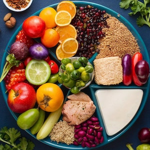 Puede incluir: Un plato azul con una variedad de alimentos coloridos, incluyendo tomates rojos, pimientos verdes, naranjas naranjas y berenjenas moradas. El plato está dividido en secciones, cada una con un tipo diferente de comida. El plato está rodeado de un fondo azul.