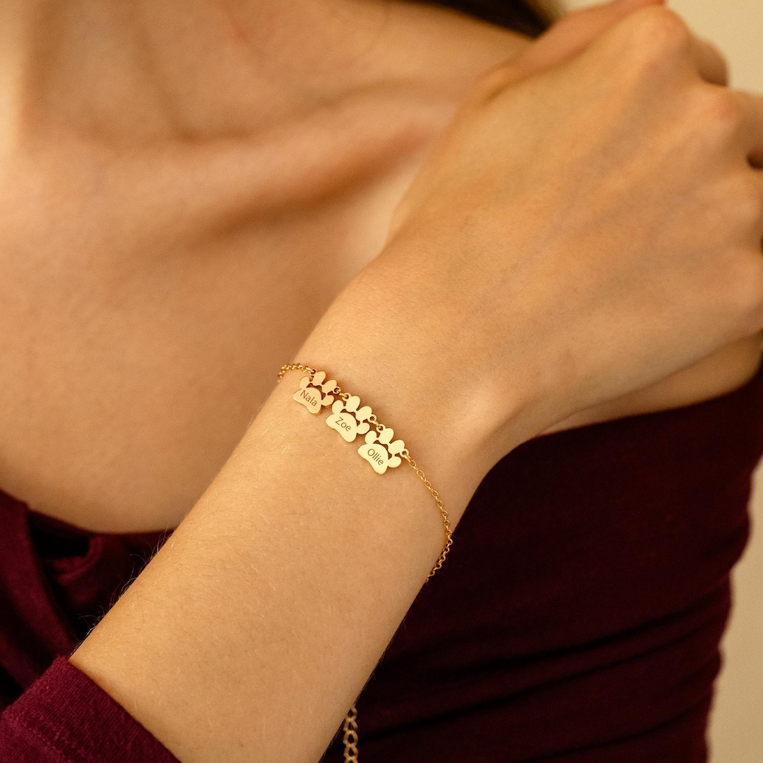 Custom Paw Print Bracelet, Personalized Pet Name Bracelet, Gold Plated ...