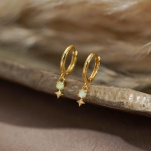 May include: A pair of gold hoop earrings with small, pearlescent opal pendants. Each earring features a star-shaped charm below the opal. The earrings are displayed on a neutral, textured surface.