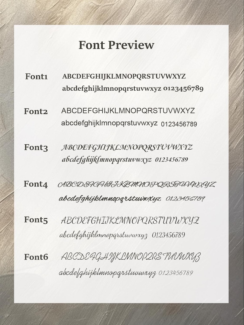 May include: A font preview chart displaying six distinct typeface options labeled Font1 through Font6. Each entry includes the full uppercase and lowercase alphabet from A to Z and the numerical digits 0 through 9 in black text on a white background.