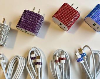 Rhinestone wrapped phone charger with cords