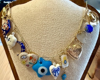 Evil Eye Heart Locket Necklace: Glass Beads, Star & Moon Charms
