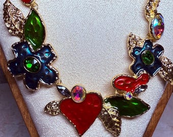 Golden Butterfly Pendant Necklace: Floral Heart Gemstone Statement