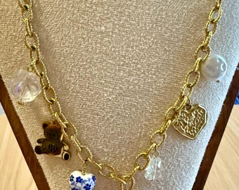 Painted Heart Teddy Bear Paw Charm Necklace
