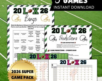 Paquete de fiesta del Super Bowl 2026: Bingo de fútbol, predicciones y cuadrados (descarga instantánea)