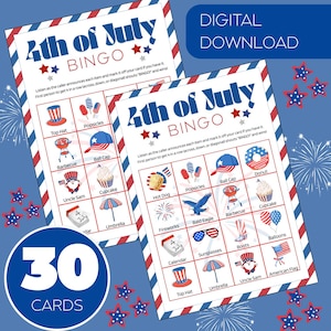 Bingo imprimable du 4 juillet – 30 cartes + cartes de visite – Jeu de bingo du 4 juillet pour enfants et adultes – Jeu de fête patriotique à téléchargement numérique