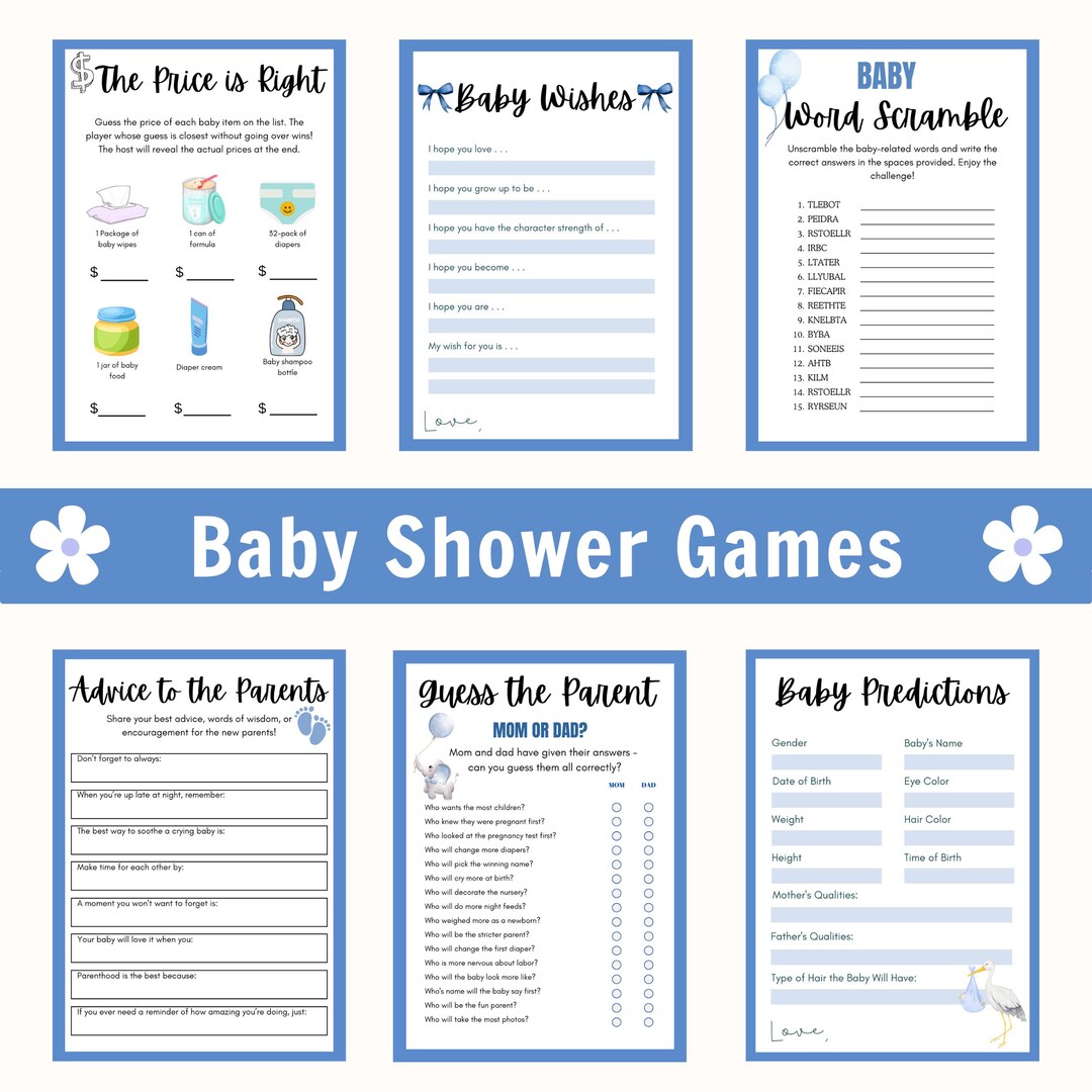 Blue Baby Shower Game Bundle – Printable Boy Games (half & Full Page ...