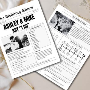 以下が含まれることがあります： 新聞のデザインの白黒の結婚発表。見出しは「Ashley & Mike Say "I Do"」。発表には、カップルの写真、結婚式パーティーのリスト、結婚式当日のタイムライン、カップルに関する楽しい事実が含まれています。