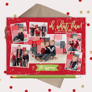 Cartão de colagem de fotos de Natal · OH WHAT FUN Cartões de Natal · vermelho e verde