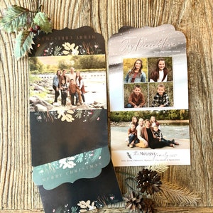 Weihnachtskarte Tri Fold ·  5x7 Gefaltete verschnörgelte Weihnachtskarten · inklusive 6+ Fotos · Schwarz, Grün & Braun moderne Karte