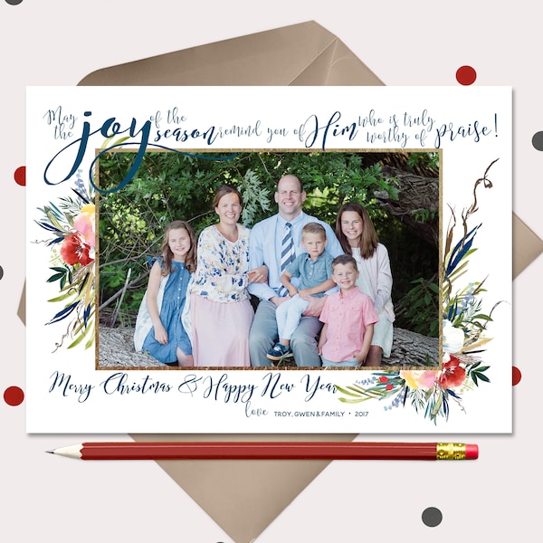 Joy of the Season · Christian Christmas Cards · Floral and Gold Custom Christmas Cards